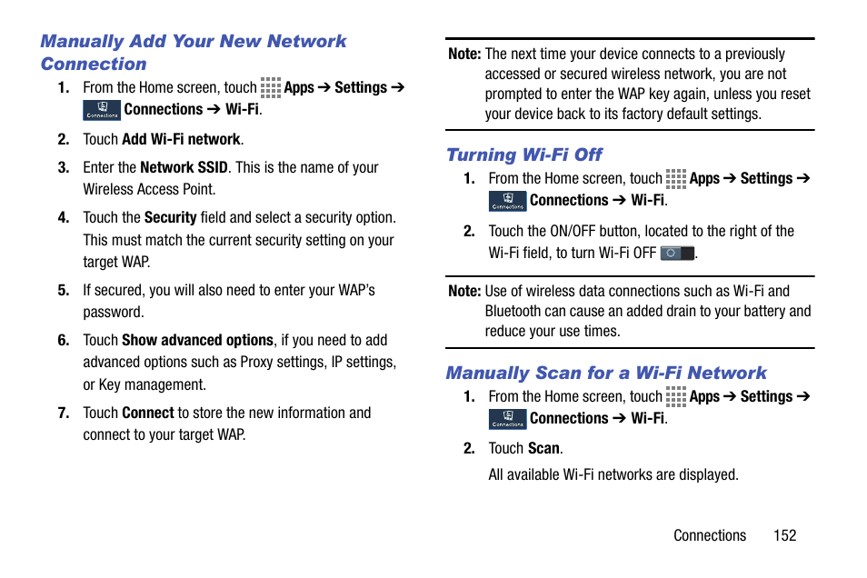 Manually add your new network connection, Turning wi-fi off, Manually scan for a wi-fi network | Samsung SM-C105AZWAATT User Manual | Page 159 / 230