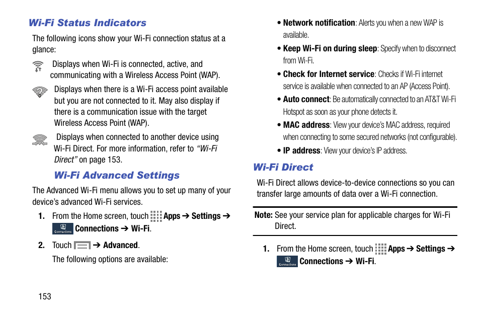 Wi-fi status indicators, Wi-fi advanced settings, Wi-fi direct | For more information, refer to “wi-fi direct” on | Samsung SM-C105AZWAATT User Manual | Page 160 / 230