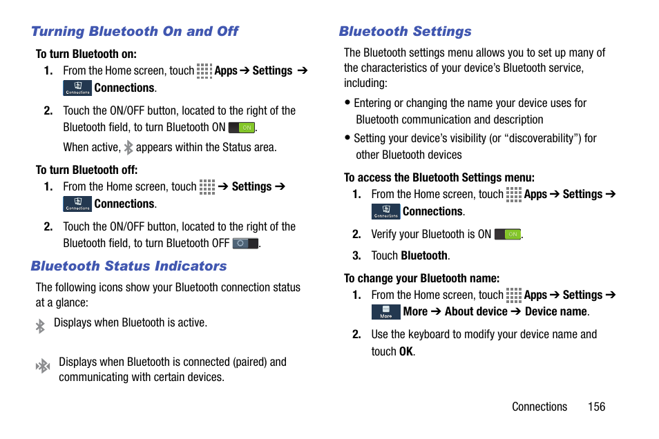 Turning bluetooth on and off, Bluetooth status indicators, Bluetooth settings | Samsung SM-C105AZWAATT User Manual | Page 163 / 230