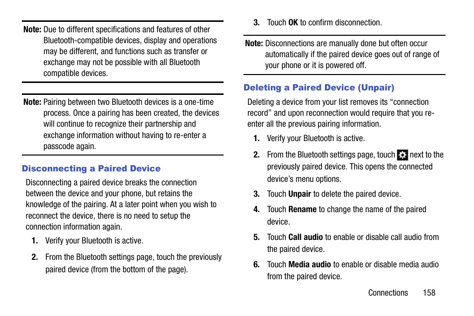 Disconnecting a paired device, Deleting a paired device (unpair) | Samsung SM-C105AZWAATT User Manual | Page 165 / 230