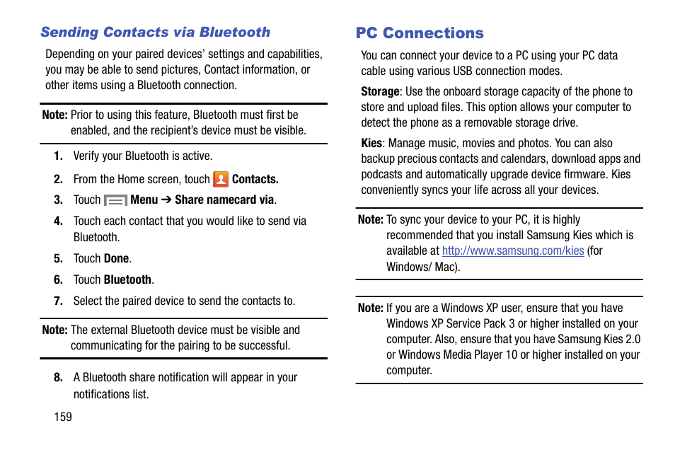 Sending contacts via bluetooth, Pc connections | Samsung SM-C105AZWAATT User Manual | Page 166 / 230
