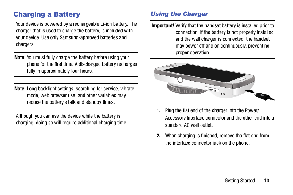 Charging a battery, Using the charger | Samsung SM-C105AZWAATT User Manual | Page 17 / 230