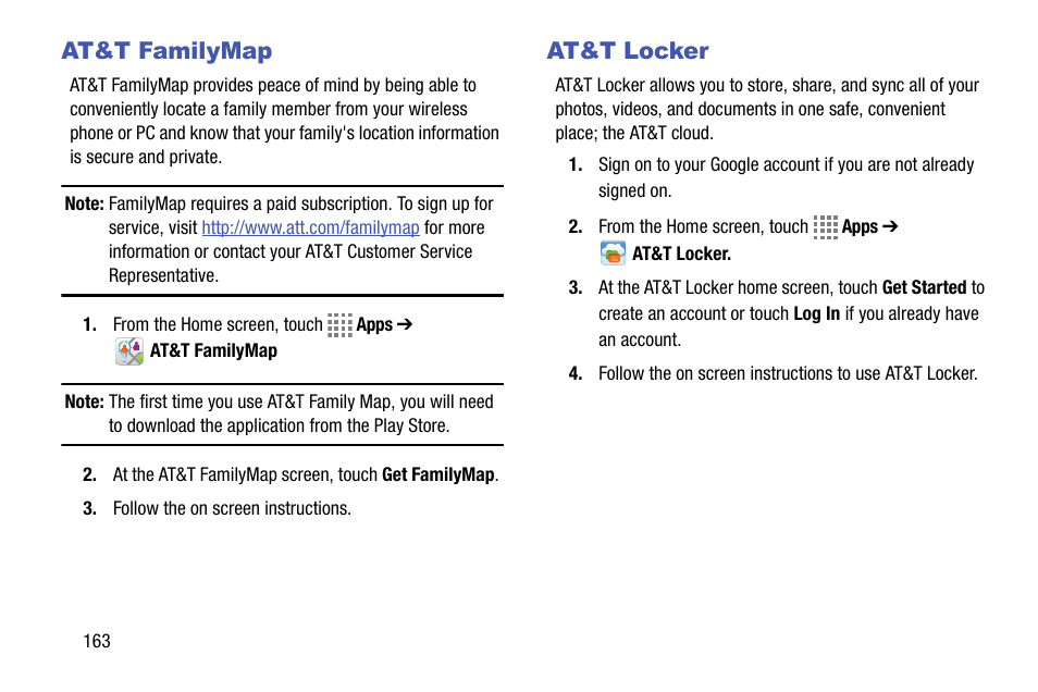 At&t familymap, At&t locker, At&t familymap at&t locker | Samsung SM-C105AZWAATT User Manual | Page 170 / 230