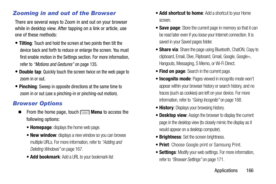 Zooming in and out of the browser, Browser options | Samsung SM-C105AZWAATT User Manual | Page 173 / 230