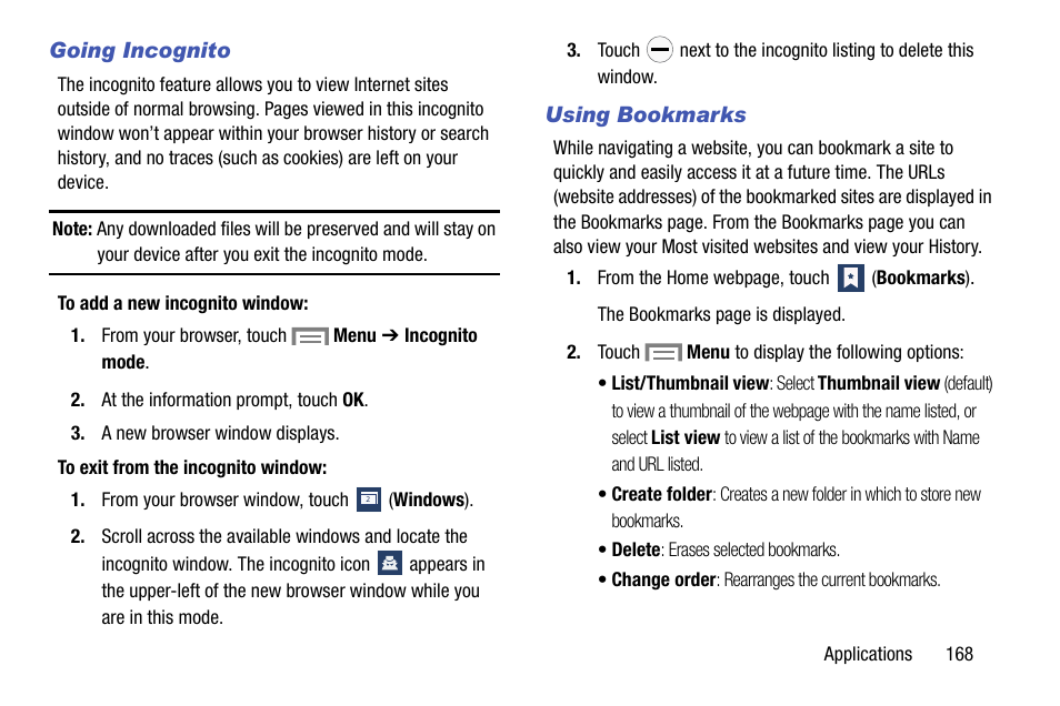 Going incognito, Using bookmarks, For more | Samsung SM-C105AZWAATT User Manual | Page 175 / 230