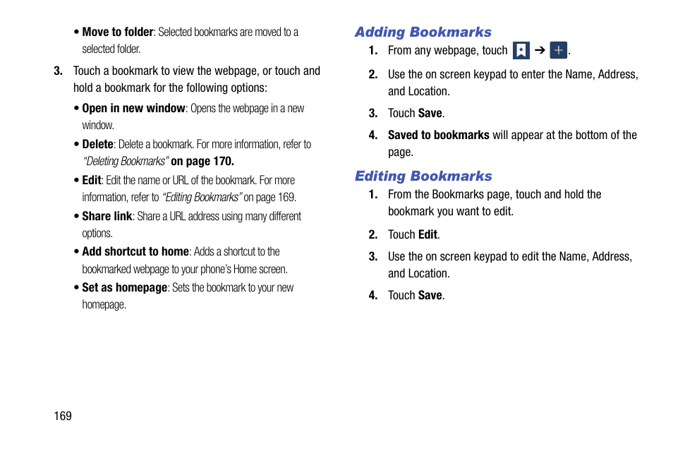 Adding bookmarks, Editing bookmarks | Samsung SM-C105AZWAATT User Manual | Page 176 / 230