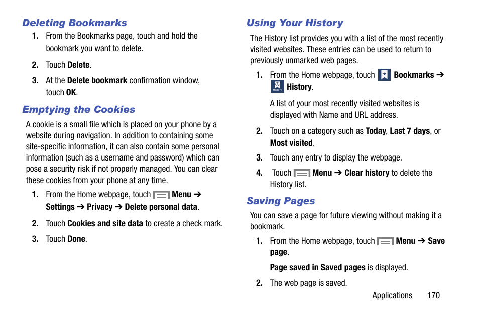 Deleting bookmarks, Emptying the cookies, Using your history | Rk. for more information, refer to | Samsung SM-C105AZWAATT User Manual | Page 177 / 230