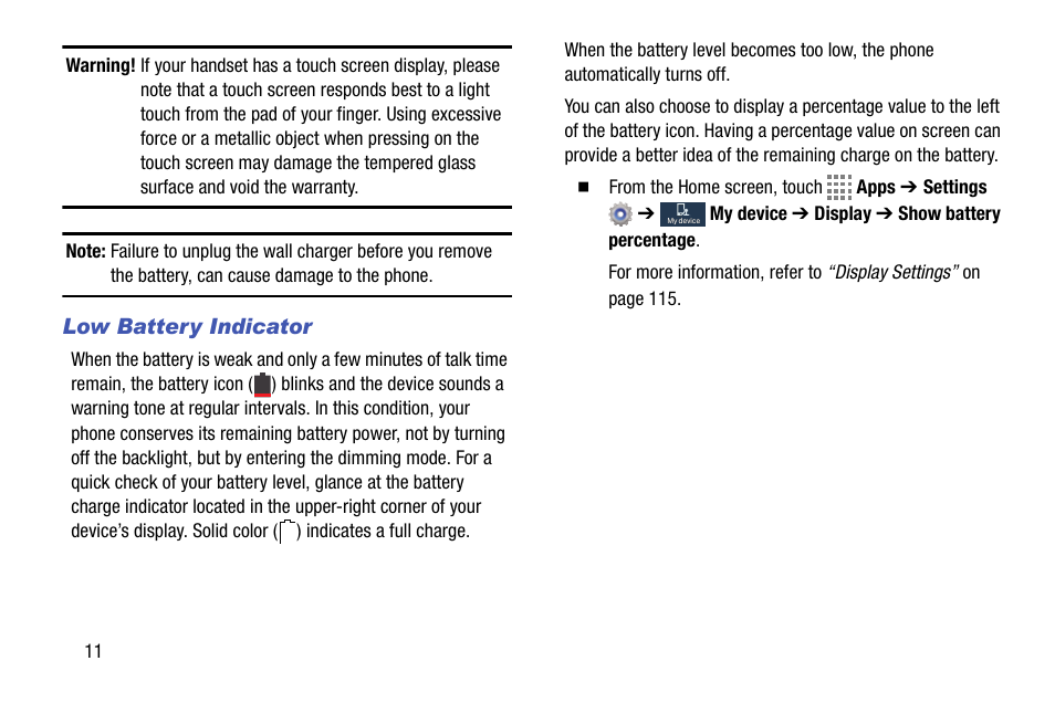 Low battery indicator | Samsung SM-C105AZWAATT User Manual | Page 18 / 230