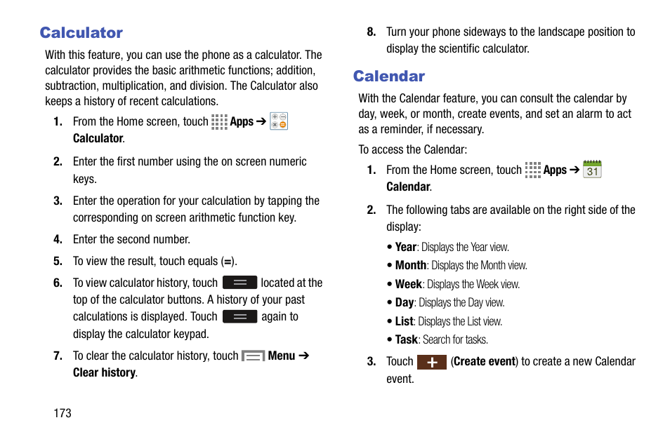 Calculator, Calendar, Calculator calendar | Samsung SM-C105AZWAATT User Manual | Page 180 / 230