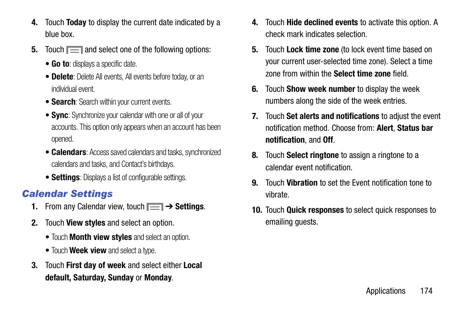 Calendar settings | Samsung SM-C105AZWAATT User Manual | Page 181 / 230