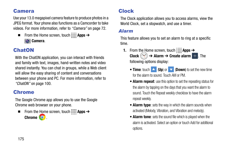 Camera, Chaton, Chrome | Clock, Alarm, Camera chaton chrome clock | Samsung SM-C105AZWAATT User Manual | Page 182 / 230