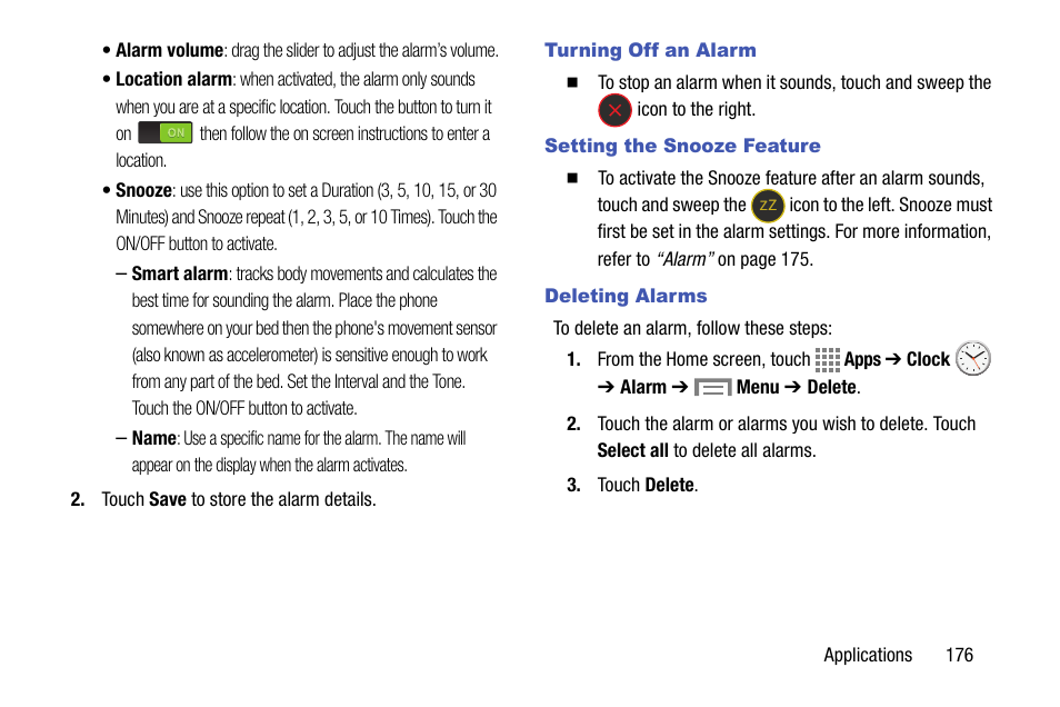 Turning off an alarm, Setting the snooze feature, Deleting alarms | Samsung SM-C105AZWAATT User Manual | Page 183 / 230
