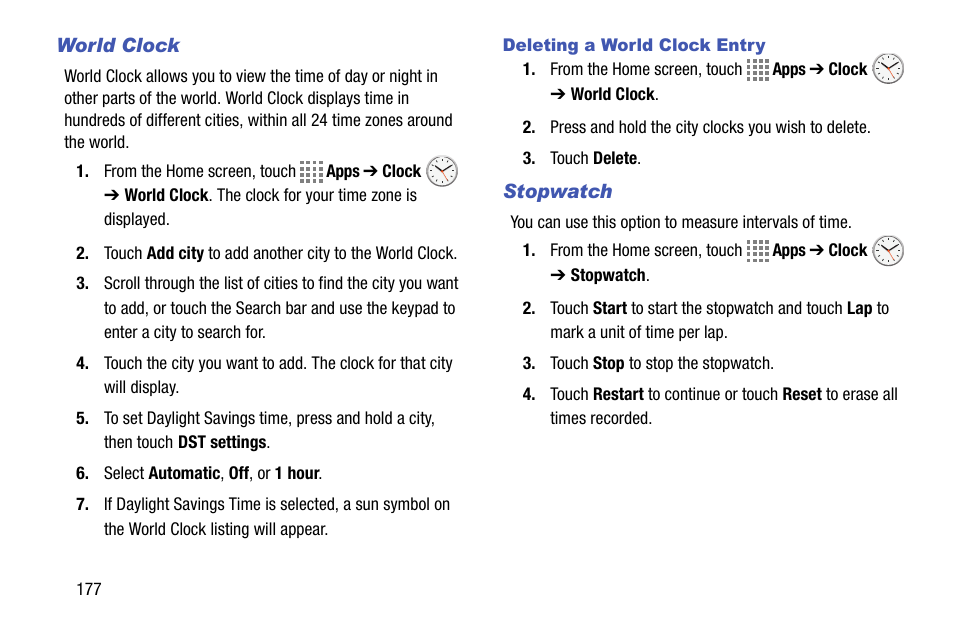 World clock, Deleting a world clock entry, Stopwatch | Samsung SM-C105AZWAATT User Manual | Page 184 / 230