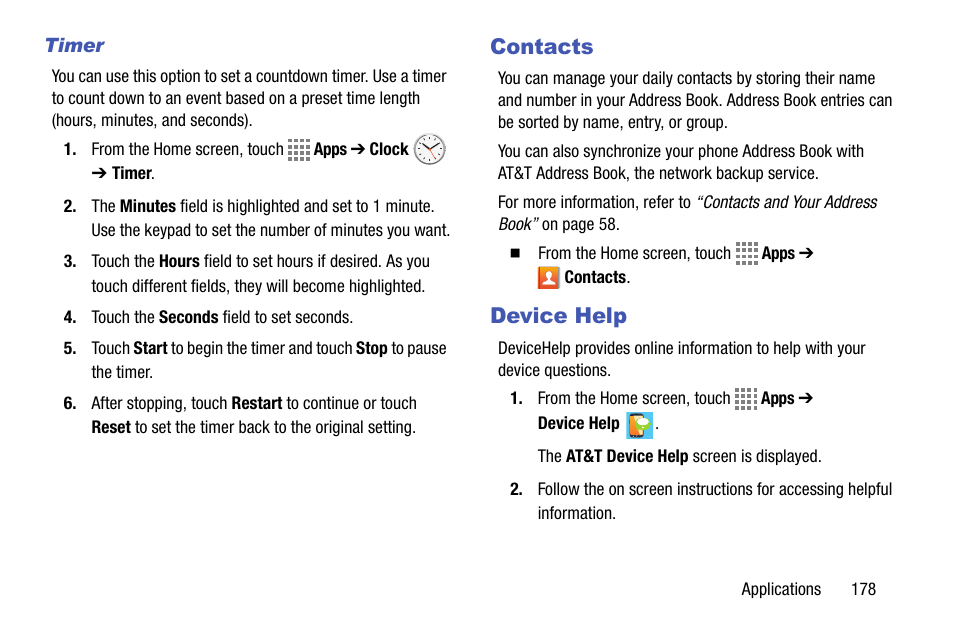 Timer, Contacts, Device help | Contacts device help | Samsung SM-C105AZWAATT User Manual | Page 185 / 230