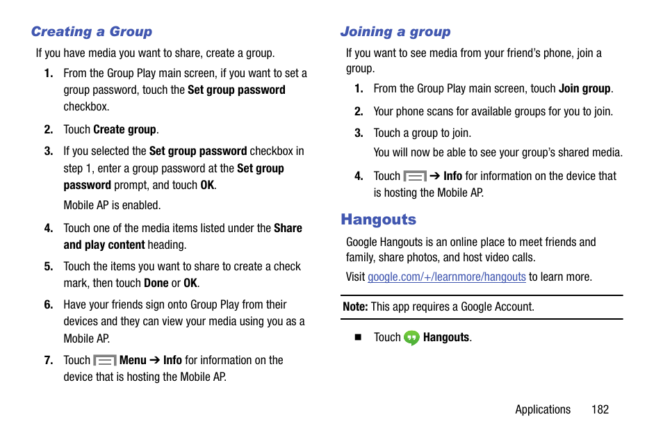 Creating a group, Joining a group, Hangouts | Samsung SM-C105AZWAATT User Manual | Page 189 / 230