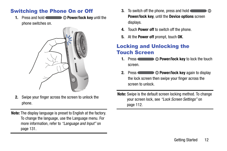 Switching the phone on or off, Locking and unlocking the touch screen | Samsung SM-C105AZWAATT User Manual | Page 19 / 230