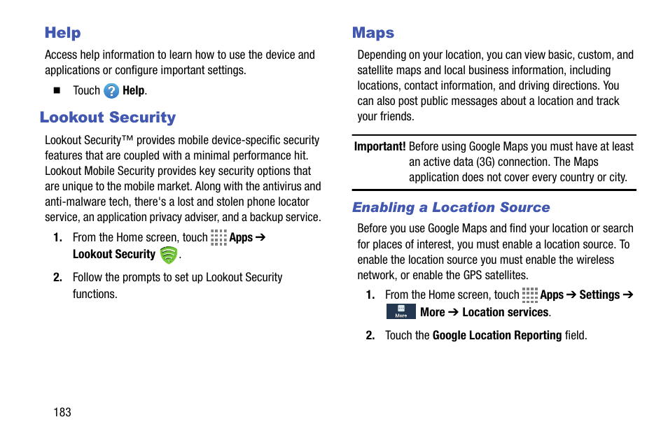 Help, Lookout security, Maps | Enabling a location source, Help lookout security maps | Samsung SM-C105AZWAATT User Manual | Page 190 / 230