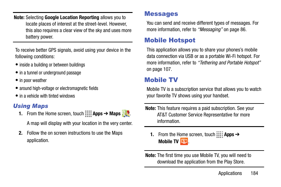Using maps, Messages, Mobile hotspot | Mobile tv, Messages mobile hotspot mobile tv | Samsung SM-C105AZWAATT User Manual | Page 191 / 230