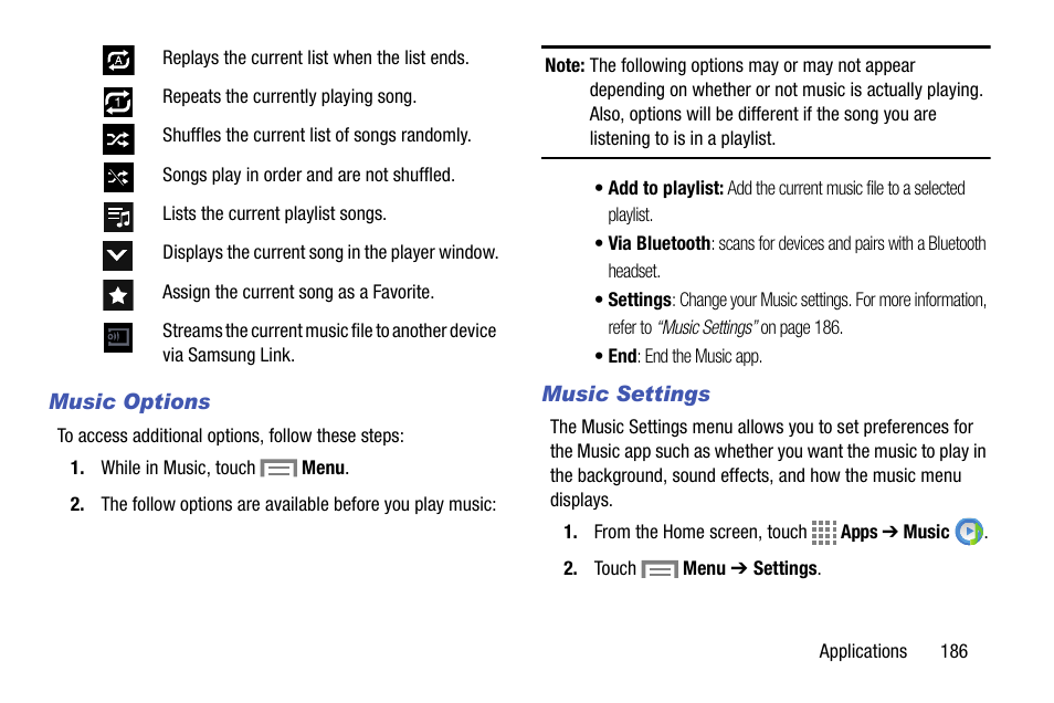Music options, Music settings | Samsung SM-C105AZWAATT User Manual | Page 193 / 230