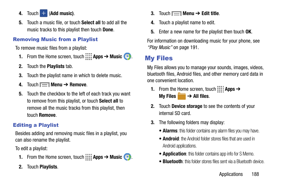 Removing music from a playlist, Editing a playlist, My files | Samsung SM-C105AZWAATT User Manual | Page 195 / 230