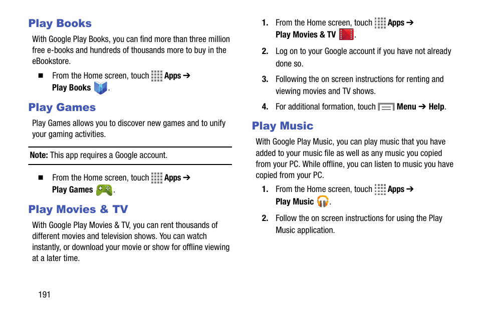 Play books, Play games, Play movies & tv | Play music, Play books play games play movies & tv play music | Samsung SM-C105AZWAATT User Manual | Page 198 / 230