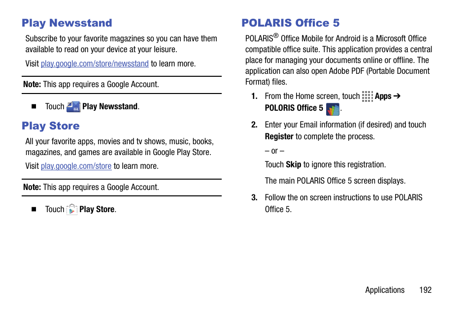 Play newsstand, Play store, Polaris office 5 | Play newsstand play store polaris office 5 | Samsung SM-C105AZWAATT User Manual | Page 199 / 230