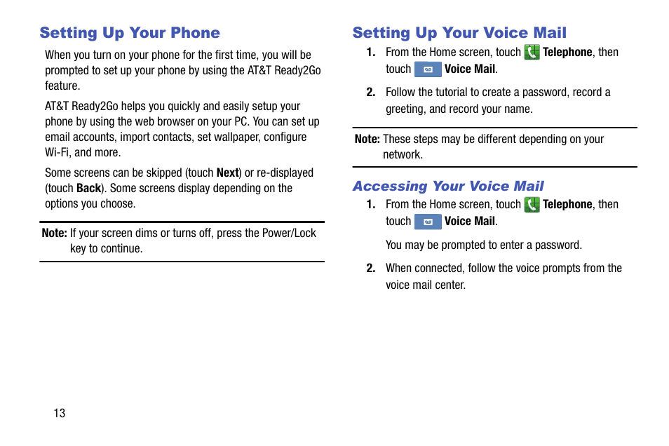 Setting up your phone, Setting up your voice mail, Accessing your voice mail | Setting up your phone setting up your voice mail | Samsung SM-C105AZWAATT User Manual | Page 20 / 230