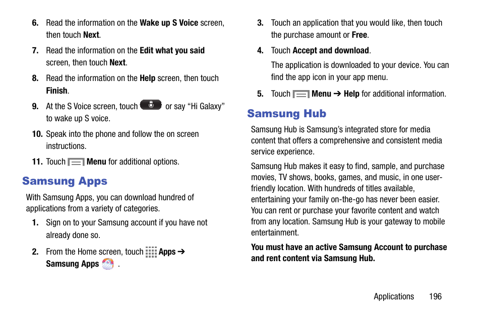 Samsung apps, Samsung hub, Samsung apps samsung hub | Samsung SM-C105AZWAATT User Manual | Page 203 / 230