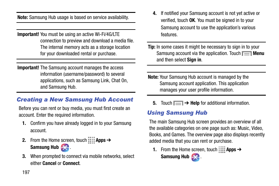 Creating a new samsung hub account, Using samsung hub | Samsung SM-C105AZWAATT User Manual | Page 204 / 230