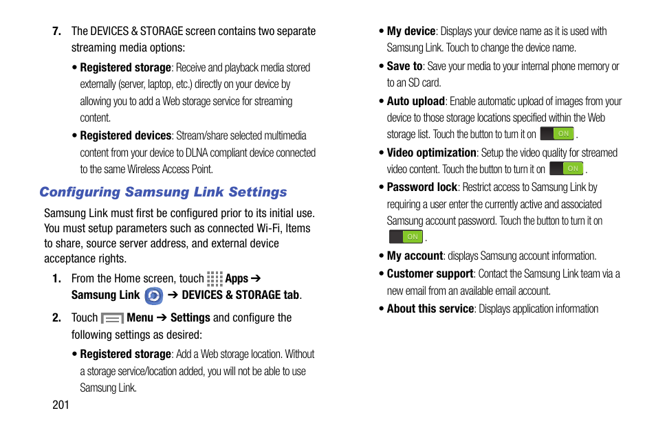 Configuring samsung link settings | Samsung SM-C105AZWAATT User Manual | Page 208 / 230