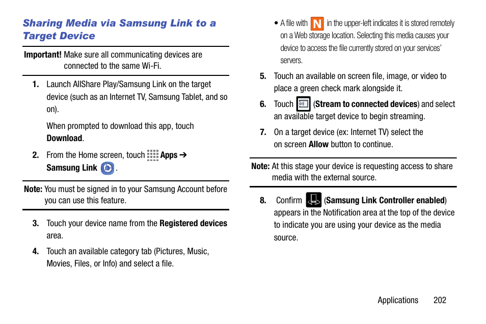 Sharing media via samsung link to a target device | Samsung SM-C105AZWAATT User Manual | Page 209 / 230