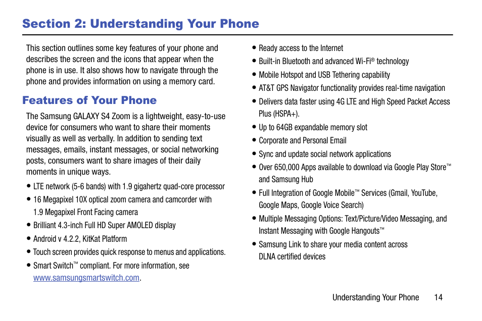 Section 2: understanding your phone, Features of your phone | Samsung SM-C105AZWAATT User Manual | Page 21 / 230