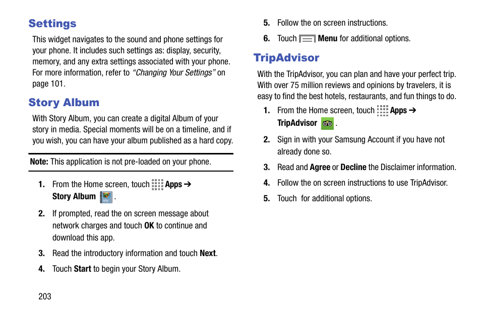 Settings, Story album, Tripadvisor | Settings story album tripadvisor | Samsung SM-C105AZWAATT User Manual | Page 210 / 230