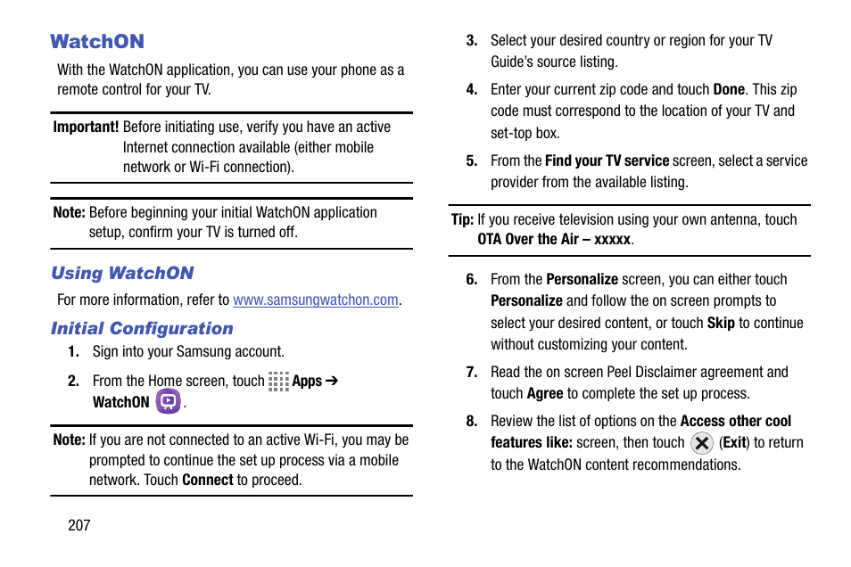 Watchon, Using watchon, Initial configuration | Samsung SM-C105AZWAATT User Manual | Page 214 / 230