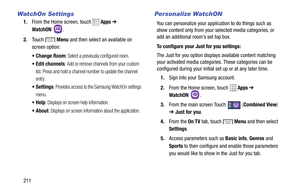 Watchon settings, Personalize watchon | Samsung SM-C105AZWAATT User Manual | Page 218 / 230
