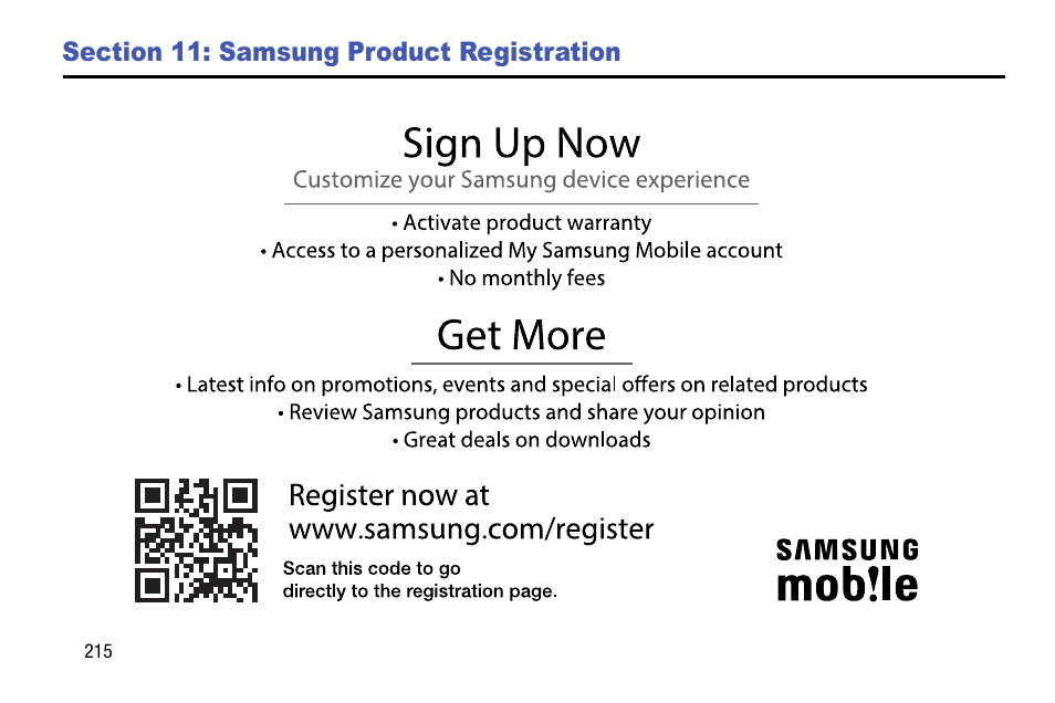 Section 11: samsung product registration, Section 11: samsung product, Registration | Samsung SM-C105AZWAATT User Manual | Page 222 / 230