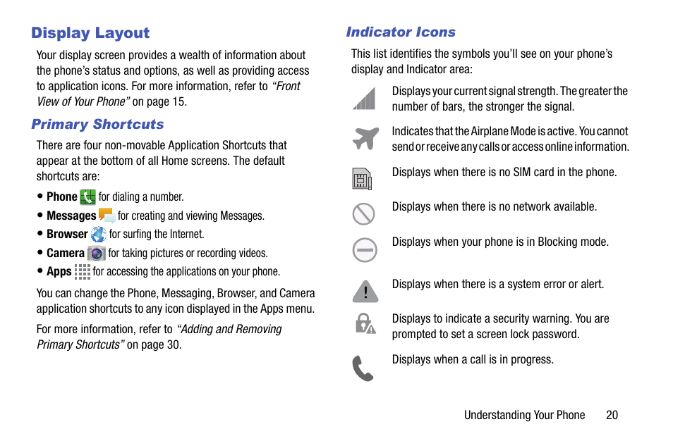 Display layout, Primary shortcuts, Indicator icons | Samsung SM-C105AZWAATT User Manual | Page 27 / 230