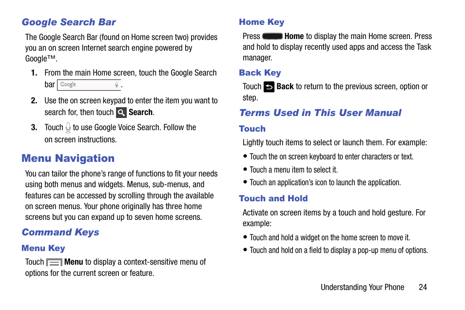 Google search bar, Menu navigation, Command keys | Menu key, Home key, Back key, Terms used in this user manual, Touch, Touch and hold | Samsung SM-C105AZWAATT User Manual | Page 31 / 230