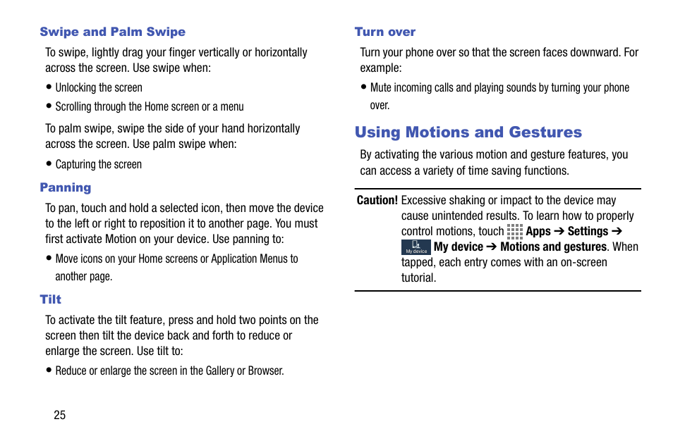 Swipe and palm swipe, Panning, Tilt | Turn over, Using motions and gestures | Samsung SM-C105AZWAATT User Manual | Page 32 / 230