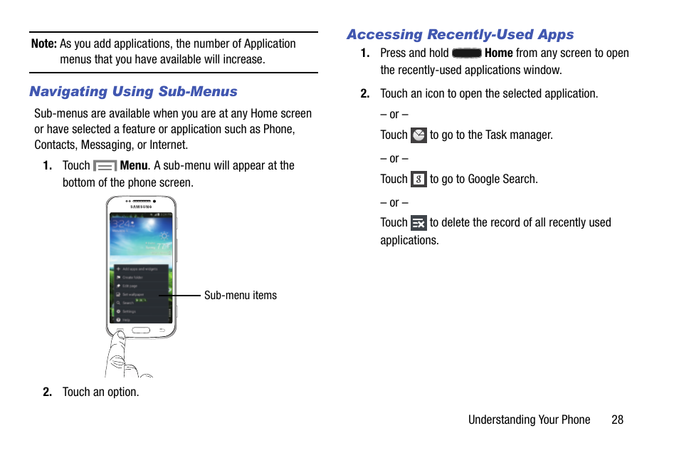 Navigating using sub-menus, Accessing recently-used apps | Samsung SM-C105AZWAATT User Manual | Page 35 / 230