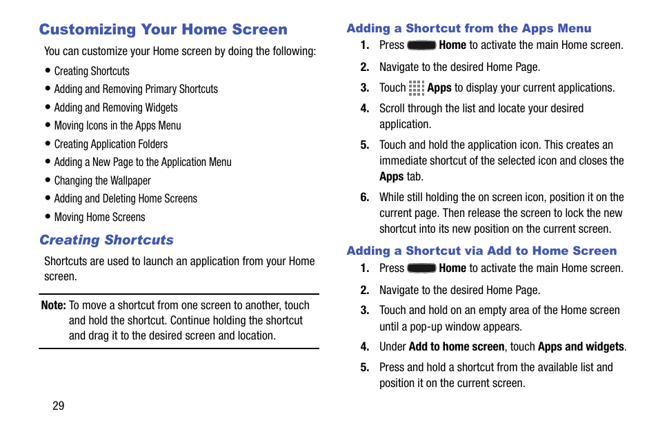 Customizing your home screen, Creating shortcuts, Adding a shortcut from the apps menu | Adding a shortcut via add to home screen | Samsung SM-C105AZWAATT User Manual | Page 36 / 230