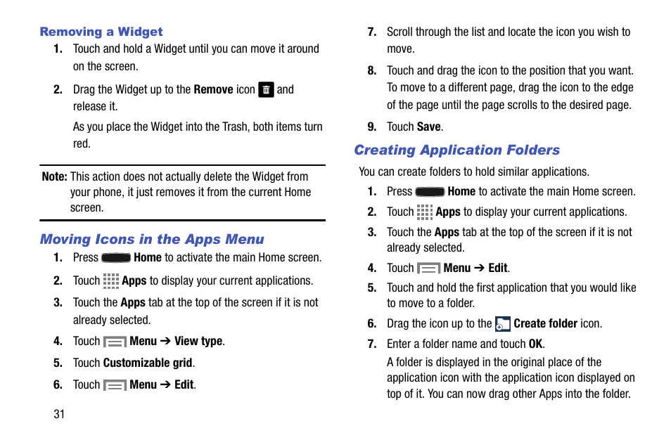 Removing a widget, Moving icons in the apps menu, Creating application folders | Samsung SM-C105AZWAATT User Manual | Page 38 / 230