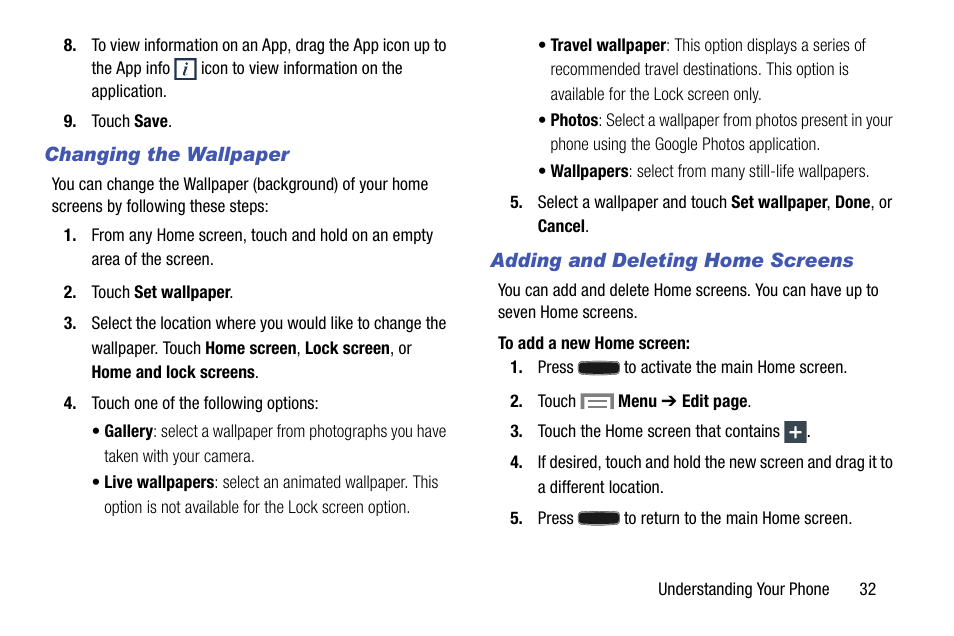 Changing the wallpaper, Adding and deleting home screens | Samsung SM-C105AZWAATT User Manual | Page 39 / 230