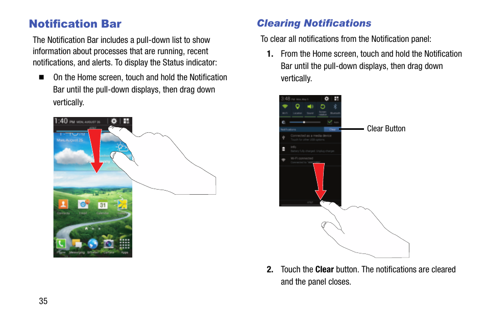Notification bar, Clearing notifications | Samsung SM-C105AZWAATT User Manual | Page 42 / 230