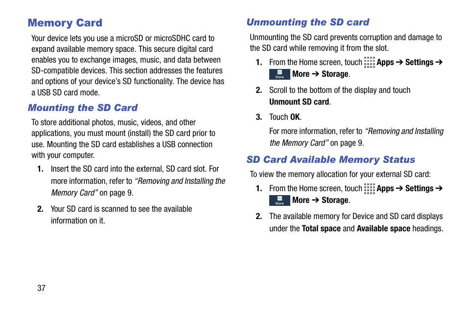 Memory card, Mounting the sd card, Unmounting the sd card | Sd card available memory status | Samsung SM-C105AZWAATT User Manual | Page 44 / 230