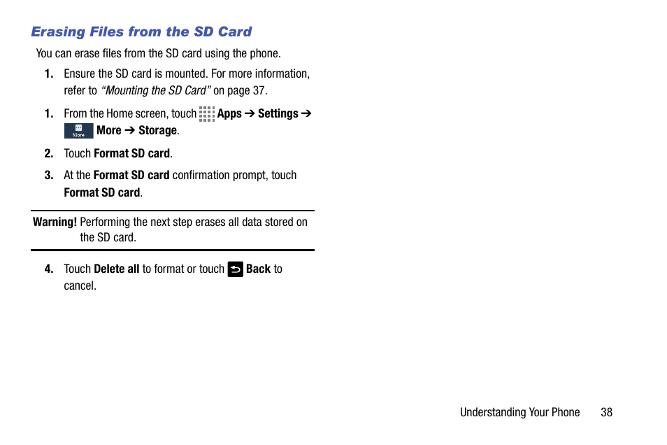 Erasing files from the sd card | Samsung SM-C105AZWAATT User Manual | Page 45 / 230