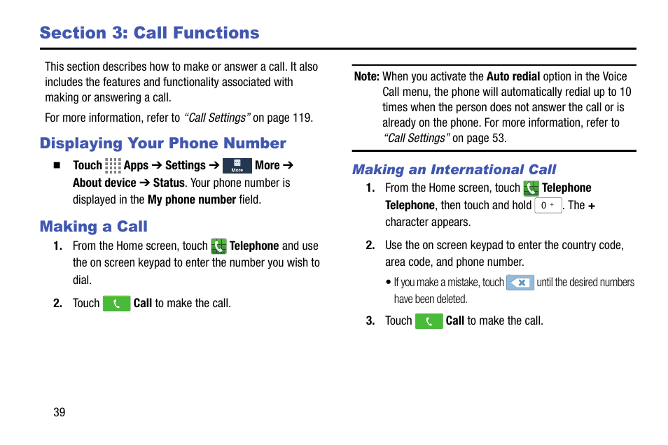 Section 3: call functions, Displaying your phone number, Making a call | Making an international call, Displaying your phone number making a call | Samsung SM-C105AZWAATT User Manual | Page 46 / 230