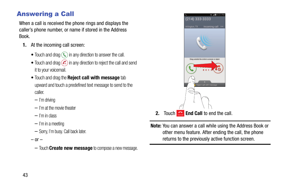 Answering a call | Samsung SM-C105AZWAATT User Manual | Page 50 / 230