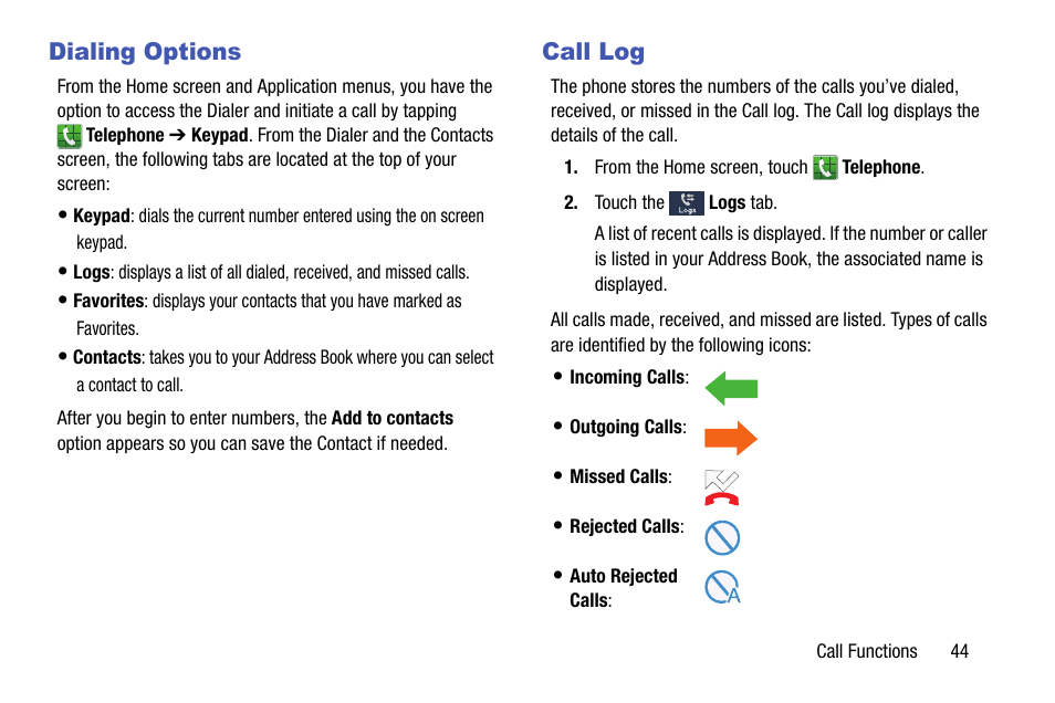 Dialing options, Call log, Dialing options call log | Samsung SM-C105AZWAATT User Manual | Page 51 / 230