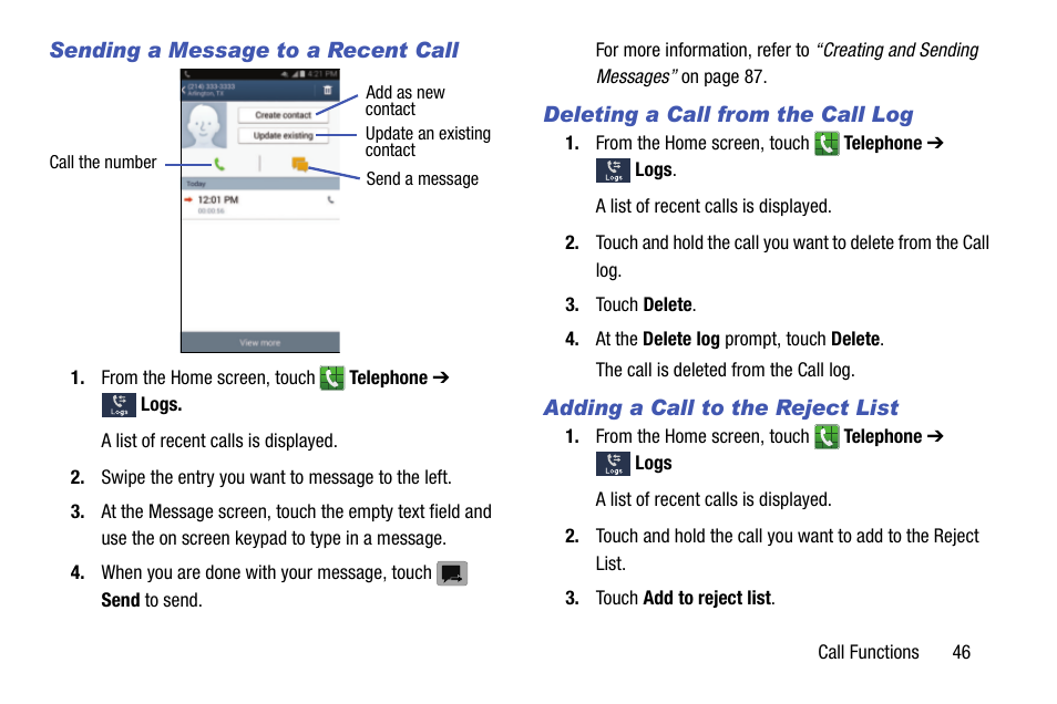 Sending a message to a recent call, Deleting a call from the call log, Adding a call to the reject list | Samsung SM-C105AZWAATT User Manual | Page 53 / 230